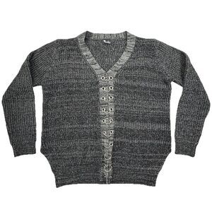 Cala Gray Sweater Womens Large V Neck Silver Grommet Detail Long Sleeve